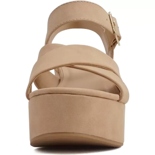 Soda SYREN  Women Open Round Toe Crisscross Band Ankle Strap Buckle High Heel Notch Wedge SandalDark Nude Nubuck