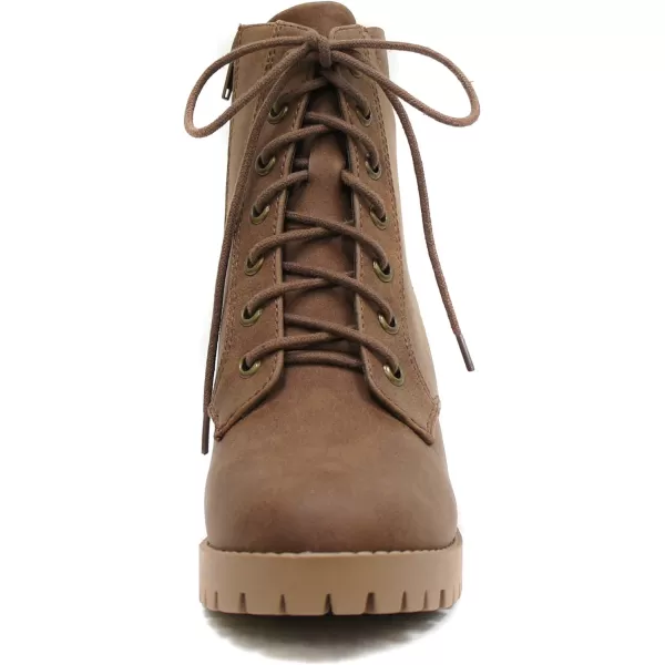 Soda Single Lug Sole Chunky Heel Combat Ankle Boot Lace up wSide ZipperLight Brown