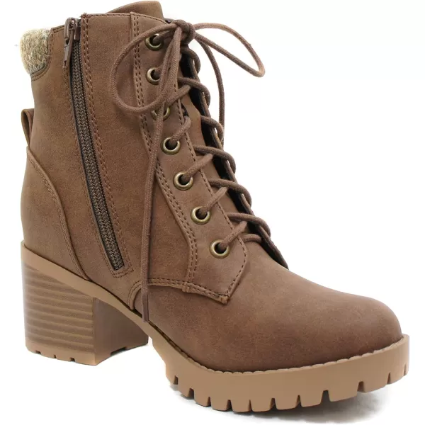 Soda Single Lug Sole Chunky Heel Combat Ankle Boot Lace up wSide ZipperLight Brown