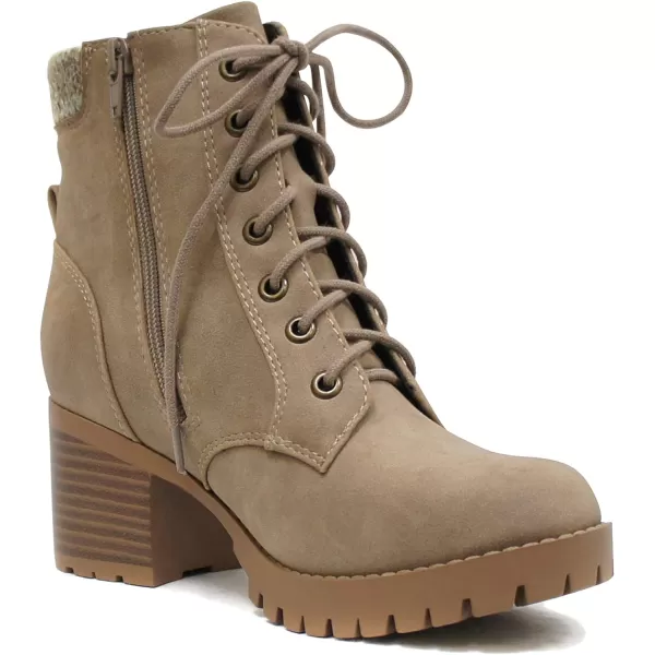 Soda Single Lug Sole Chunky Heel Combat Ankle Boot Lace up wSide ZipperLight Taupe