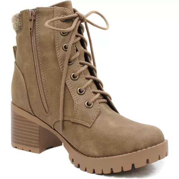 Soda Single Lug Sole Chunky Heel Combat Ankle Boot Lace up wSide ZipperWarm Taupe