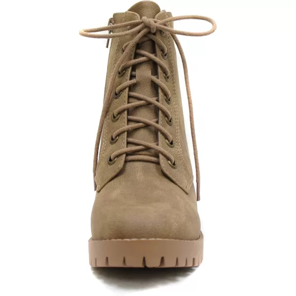 Soda Single Lug Sole Chunky Heel Combat Ankle Boot Lace up wSide ZipperWarm Taupe