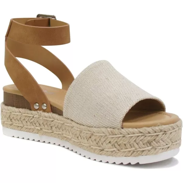 Soda Topic Open Toe Buckle Ankle Strap Espadrilles Flatform Wedge Casual SandalBeige CanvasTan