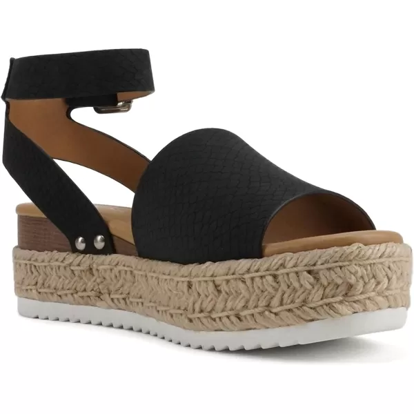 Soda Topic Open Toe Buckle Ankle Strap Espadrilles Flatform Wedge Casual SandalBlack Cobra Nubuck