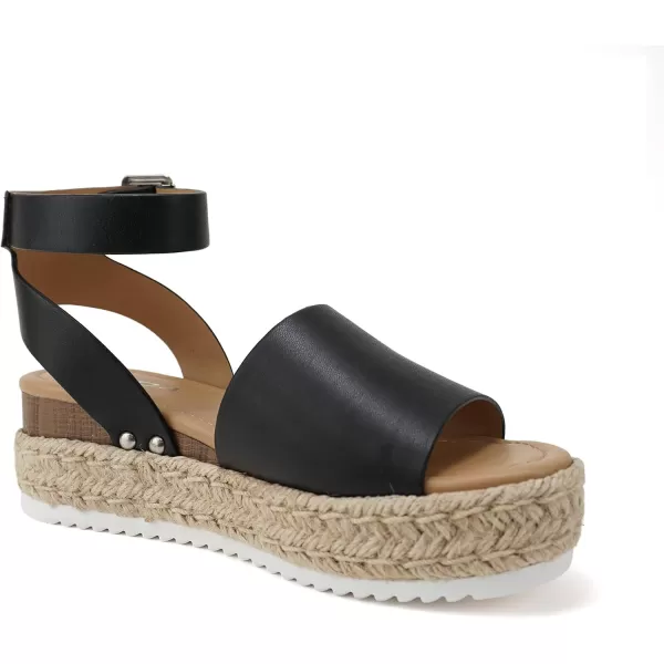 Soda Topic Open Toe Buckle Ankle Strap Espadrilles Flatform Wedge Casual SandalBlack Pu