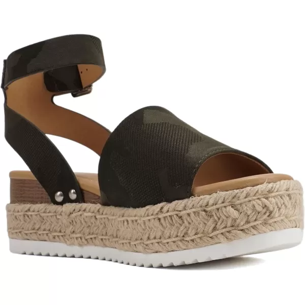 Soda Topic Open Toe Buckle Ankle Strap Espadrilles Flatform Wedge Casual SandalCamouflage