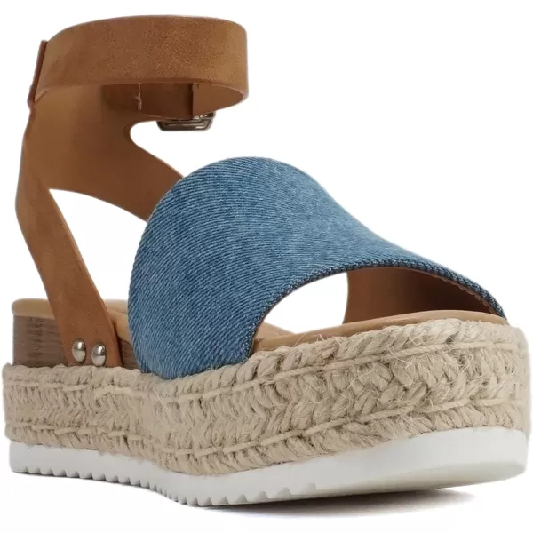 Soda Topic Open Toe Buckle Ankle Strap Espadrilles Flatform Wedge Casual SandalDenimTan