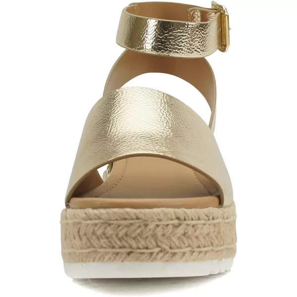 Soda Topic Open Toe Buckle Ankle Strap Espadrilles Flatform Wedge Casual SandalGold