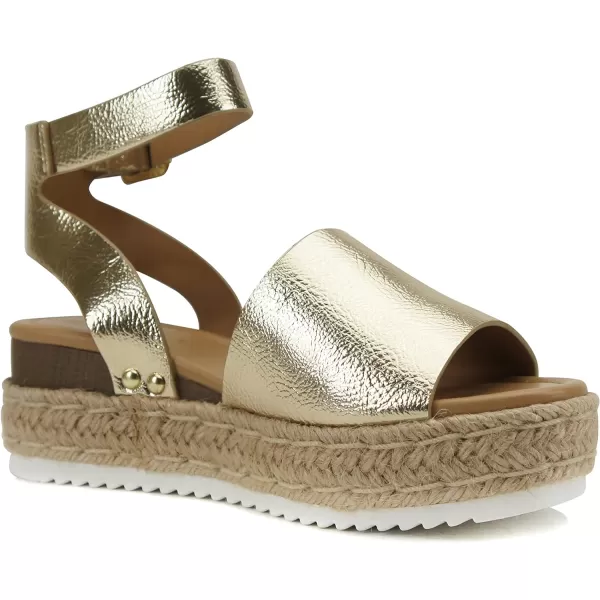 Soda Topic Open Toe Buckle Ankle Strap Espadrilles Flatform Wedge Casual SandalGold