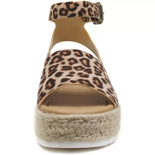 Soda Topic Open Toe Buckle Ankle Strap Espadrilles Flatform Wedge Casual SandalOat Cheetah