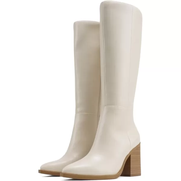 Soda VAPOR  Women Pointed Toe Medium Heel KneeHigh Boot with Side ZipperOff White Pu