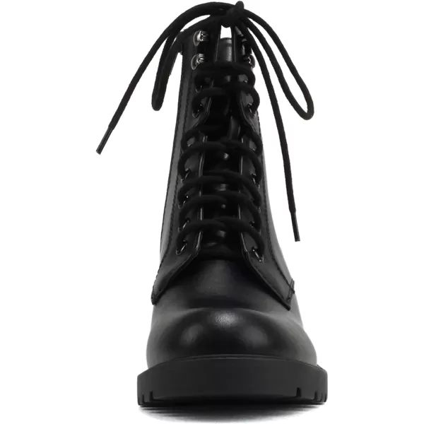 Soda VELOUR  Women Round Toe LaceUp Lug Sole Medium Stack Heel Mid Shaft Combat Boot with Side ZipperBlack Pu