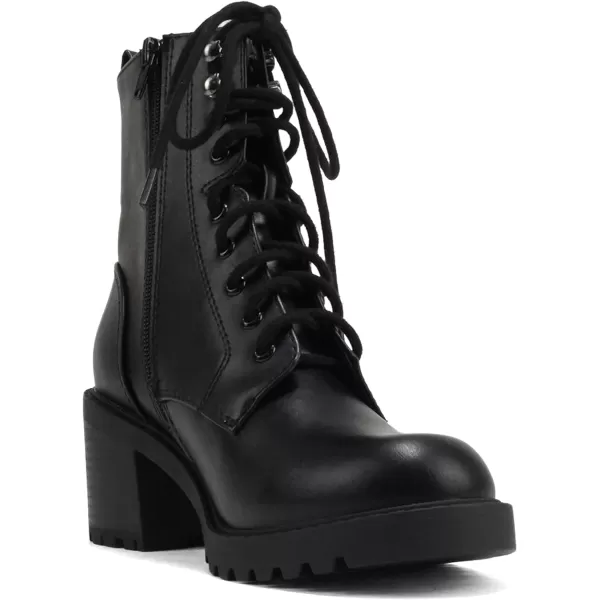 Soda VELOUR  Women Round Toe LaceUp Lug Sole Medium Stack Heel Mid Shaft Combat Boot with Side ZipperBlack Pu