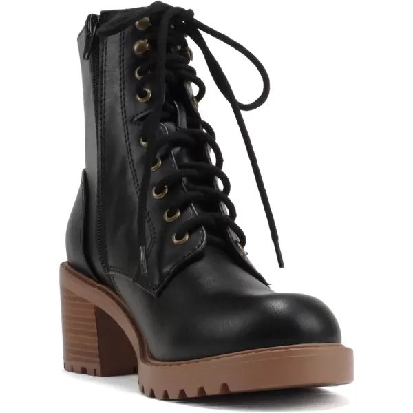 Soda VELOUR  Women Round Toe LaceUp Lug Sole Medium Stack Heel Mid Shaft Combat Boot with Side ZipperBlackTan Pu