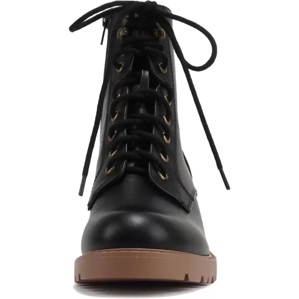 Soda VELOUR  Women Round Toe LaceUp Lug Sole Medium Stack Heel Mid Shaft Combat Boot with Side ZipperBlackTan Pu