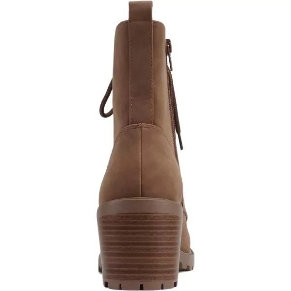 Soda VELOUR  Women Round Toe LaceUp Lug Sole Medium Stack Heel Mid Shaft Combat Boot with Side ZipperLight Cognac Nubuck