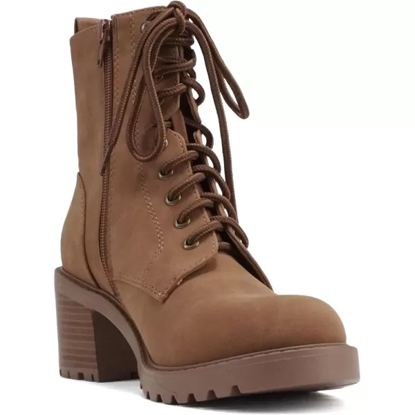 Soda VELOUR  Women Round Toe LaceUp Lug Sole Medium Stack Heel Mid Shaft Combat Boot with Side ZipperLight Cognac Nubuck