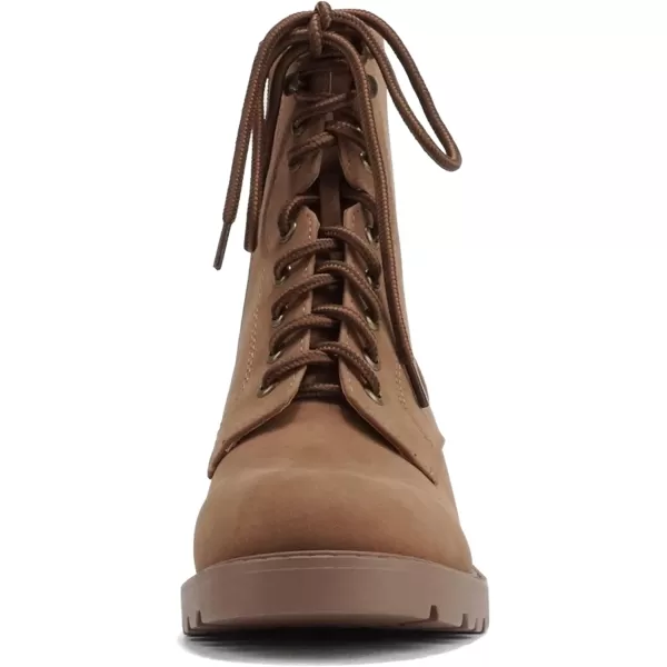 Soda VELOUR  Women Round Toe LaceUp Lug Sole Medium Stack Heel Mid Shaft Combat Boot with Side ZipperLight Cognac Nubuck