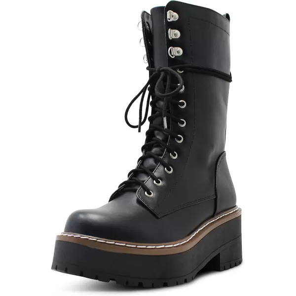 Soda Womens Round Toe Mid Calf Medium Chunky Heels Lace Up Combat BootsBlack Faux Leather