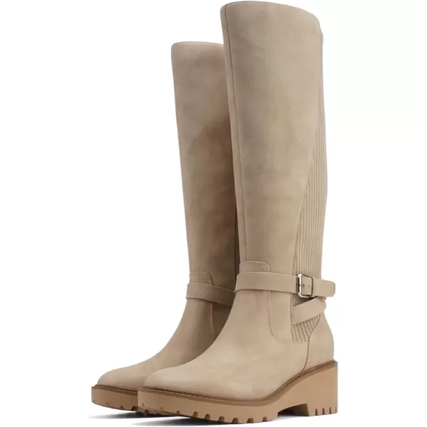 Soda ZONE  Women Round Toe Elastic Sweater Belted Strap Lug Sole Low Wedge Heel KneeHigh Boot with Side ZipperBeige Nubuck