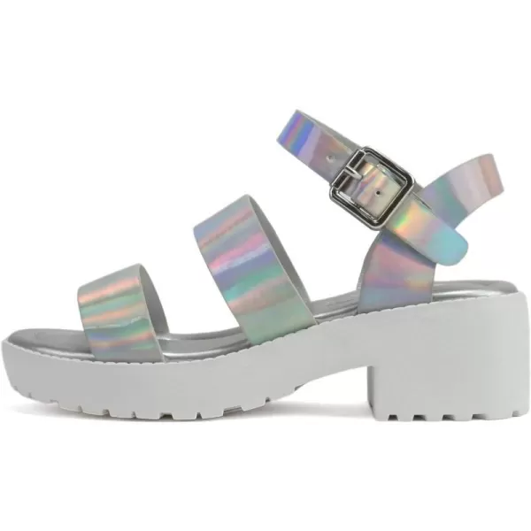 Soda ACCOUNT2  Little KidsChildrenGirls Open Toe Two Bands Lug sole Fashion Block Heel Sandals with Adjustable Ankle StrapSilver Iridescent Pu