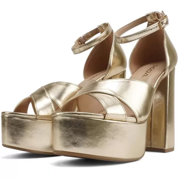 Soda ATOMIC  Women Open Round Toe Crisscross Band Closed Back Counter Platform High Heel Sandal with Adjustable Ankle StrapGold Metallic