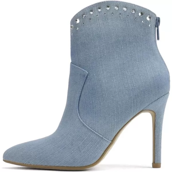 Soda BANGLE  Women Pointed Toe Stiletto High Heel Rhinestone Western Ankle Boot with Back ZipperLight Blue Denim