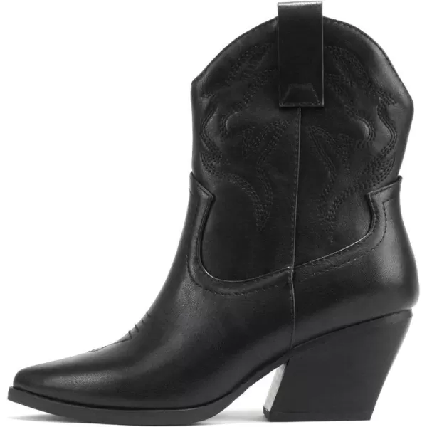 Soda BLAZING  Women Western Stitched Pointe Toe Low Heel High Top Ankle Shaft Boot BootieAll Black Pu