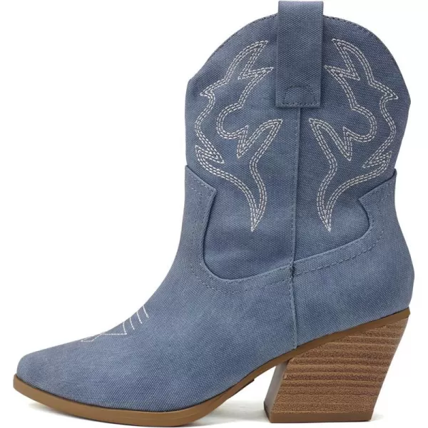 Soda BLAZING  Women Western Stitched Pointe Toe Low Heel High Top Ankle Shaft Boot BootieBlue Denim Nubuck