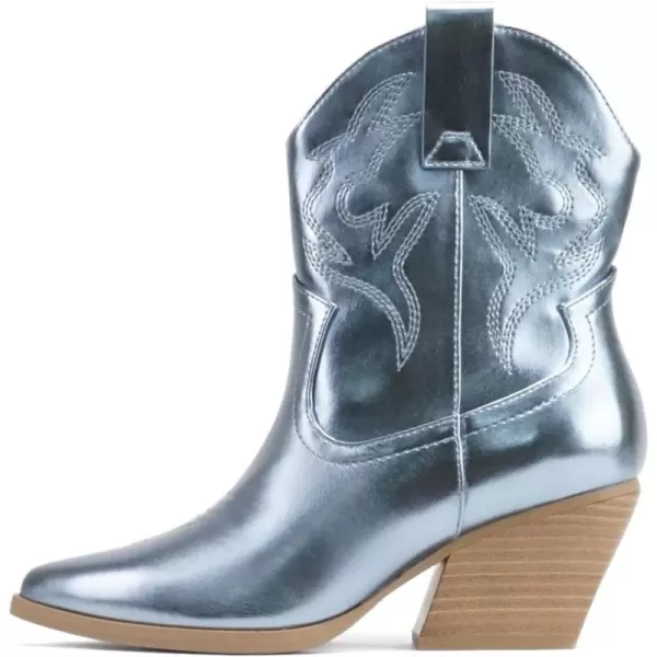 Soda BLAZING  Women Western Stitched Pointe Toe Low Heel High Top Ankle Shaft Boot BootieBlue Metallic Pu