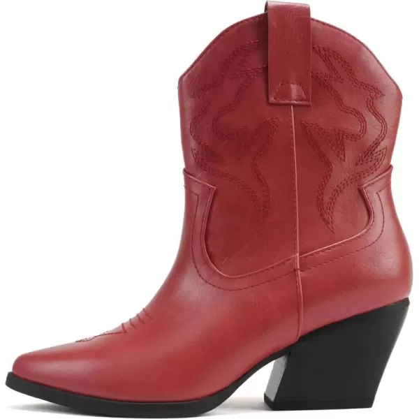 Soda BLAZING  Women Western Stitched Pointe Toe Low Heel High Top Ankle Shaft Boot BootieFire Red Pu