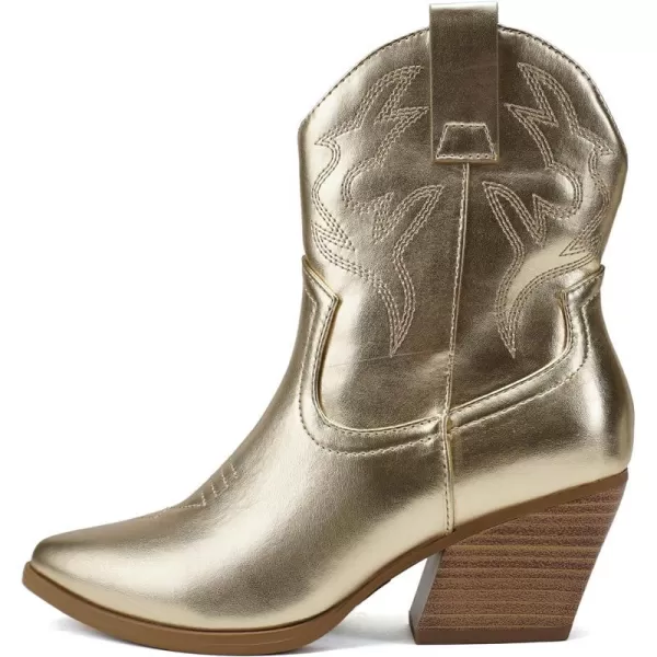 Soda BLAZING  Women Western Stitched Pointe Toe Low Heel High Top Ankle Shaft Boot BootieLtgold Metallic