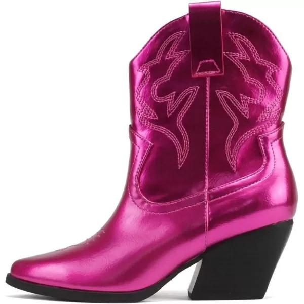 Soda BLAZING  Women Western Stitched Pointe Toe Low Heel High Top Ankle Shaft Boot BootieMagenta Metallic Pu