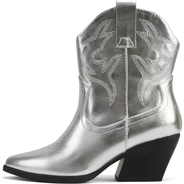 Soda BLAZING  Women Western Stitched Pointe Toe Low Heel High Top Ankle Shaft Boot BootieSilver Metallic Pu