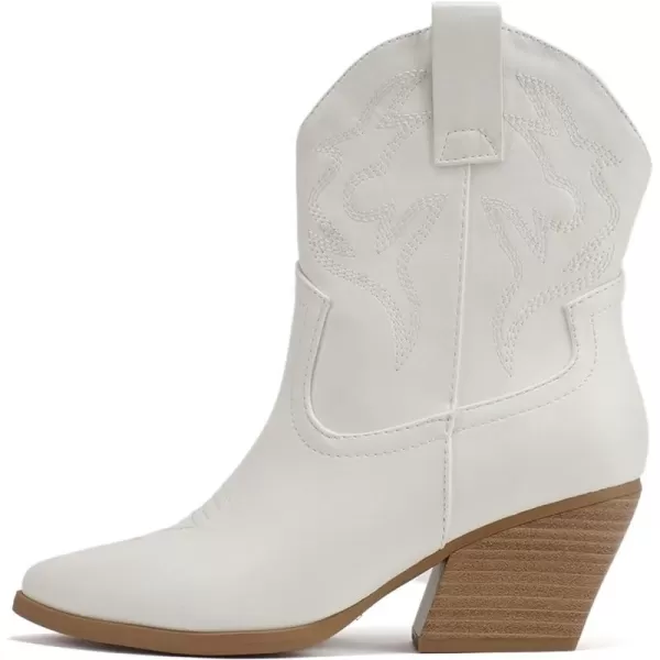 Soda BLAZING  Women Western Stitched Pointe Toe Low Heel High Top Ankle Shaft Boot BootieWhiteNude