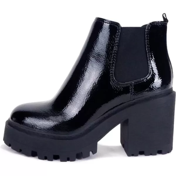 Soda BLISS  WOMEN LUG SOLE FASHION ANKLE BOOTIE WDOUBLE ELASTIC GOREBlack Crkpt