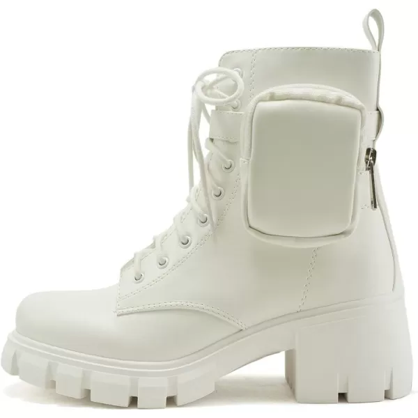 Soda BREACH  Women Lug SolenbspMid ShaftnbspChunky Heel Fashion CombatnbspLace up Bootie WSide Zipper amp PouchWhite Pu