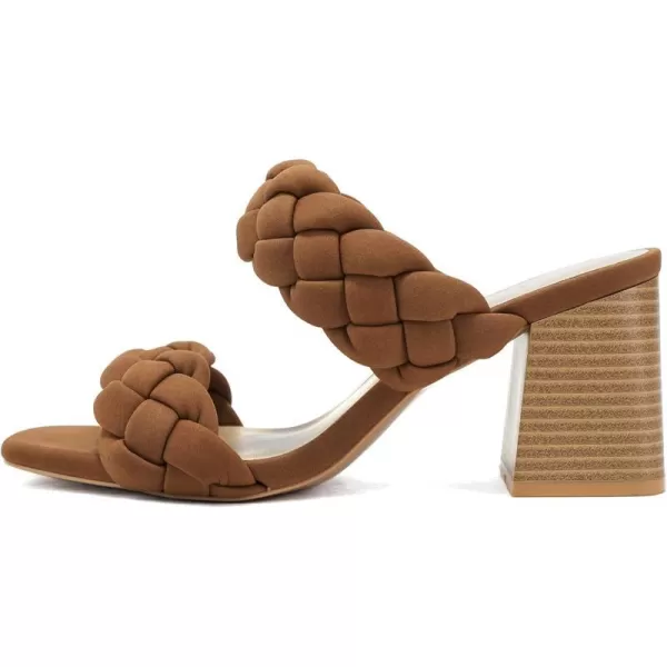 Soda BUGGY  Women Double Braided Straps Casual Open Square Toe Fashion Slide Block Heel SandalLt Cognac