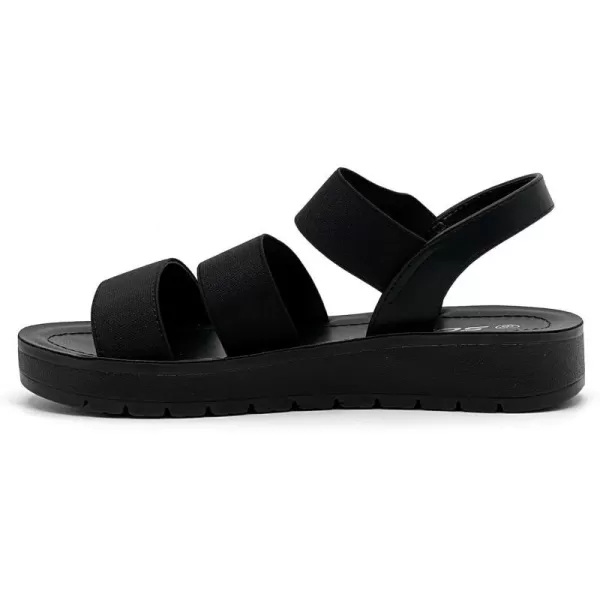 Soda BUTTON  Women Slip On Casual Open Toe Three Elastic Bands with Ankle Strap Fashion Gladiator SandalAll Black