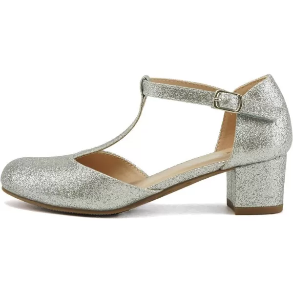 Soda Bluff2 KidsChildrenGirls Fashion Sparkly Bling Glitter Classic TStrap Mary Jane Block Heel Rounded ShoesSilver Glitter