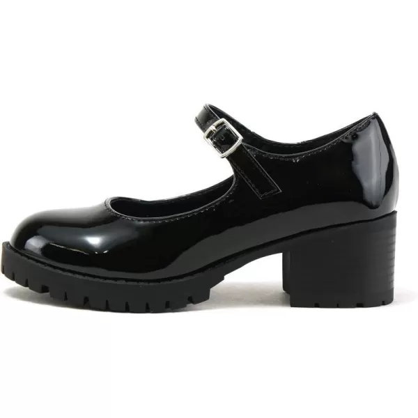 Soda Boxer2 KidsChildrenGirls Fashion Mary Jane Style Rounded Chunky Block Lug Sole Heel with Adjustable StrapBlack Patent