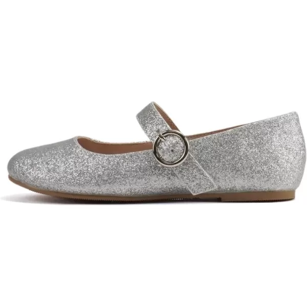 Soda CEIBO2  Little KidsChildrenGirls Round Closed Toe Mary Jane Adjustable Buckle Strap Ballet Flat ShoeSilver Glitter