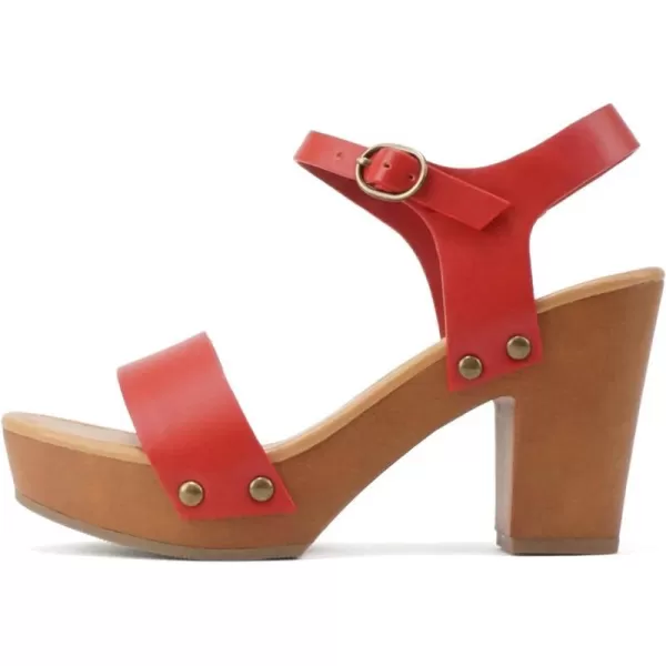 Soda CHIVAS  Womens Bold Buckles Studded Wedge SandalRed Pu