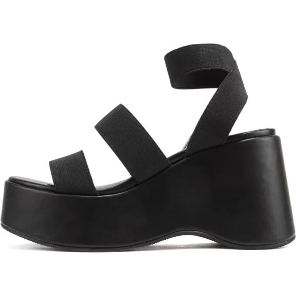 Soda CONEY  Women Open Square Toe Platform Flatform Double Elastic Band Ankle Strap Wedge SandalBlack Elastic