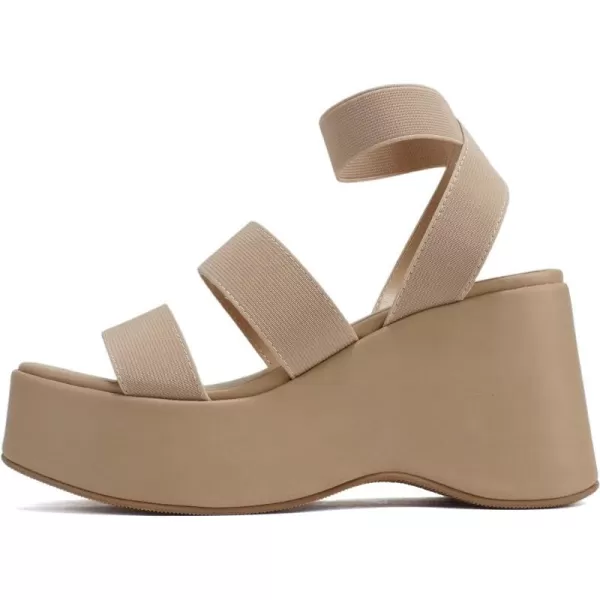 Soda CONEY  Women Open Square Toe Platform Flatform Double Elastic Band Ankle Strap Wedge SandalCamel Elastic