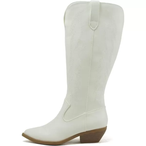 Soda COWBOY  Women Western Stitched Pointe Toe Mid Heel Tall Shaft Fashion BootsWhite Pu