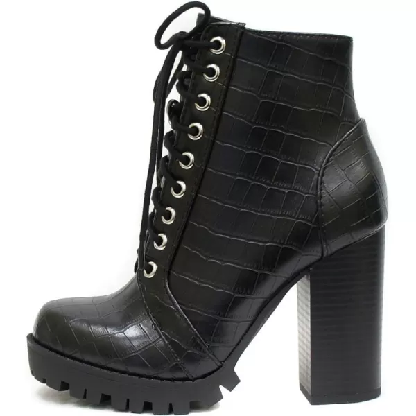 Soda Chalet  Fashion Lace up Military Inspired Ankle Boot with Stacked Heel and Side ZipperBlack Crocodile