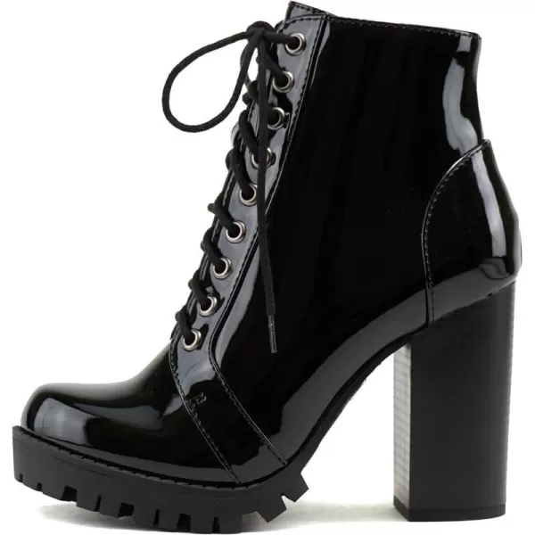 Soda Chalet  Fashion Lace up Military Inspired Ankle Boot with Stacked Heel and Side ZipperBlack Patent