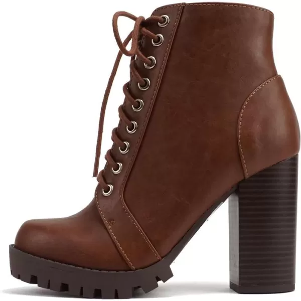 Soda Chalet  Fashion Lace up Military Inspired Ankle Boot with Stacked Heel and Side ZipperTan Pu