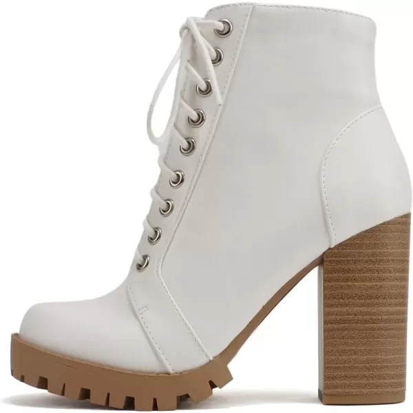 Soda Chalet  Fashion Lace up Military Inspired Ankle Boot with Stacked Heel and Side ZipperWhiteNude Pu